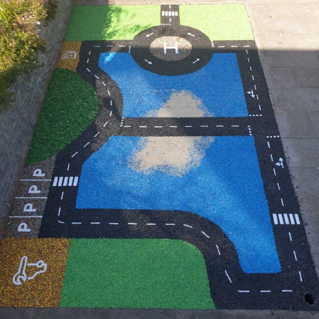 Racebaan kinderen, rubbervloer, naadloos, waterdoorlatend, EPDM rubber, op maat gemaakt, speelwaarde, glitter, glow in the dark, rubberen vloer