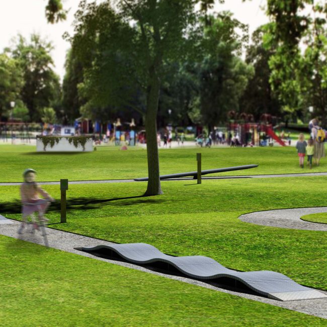 Velopark Bike Playground, pumptrack, fietsparcours elementen, beweegroute door park of stad, sporten en bewegen, bmx en mountainbike parcours