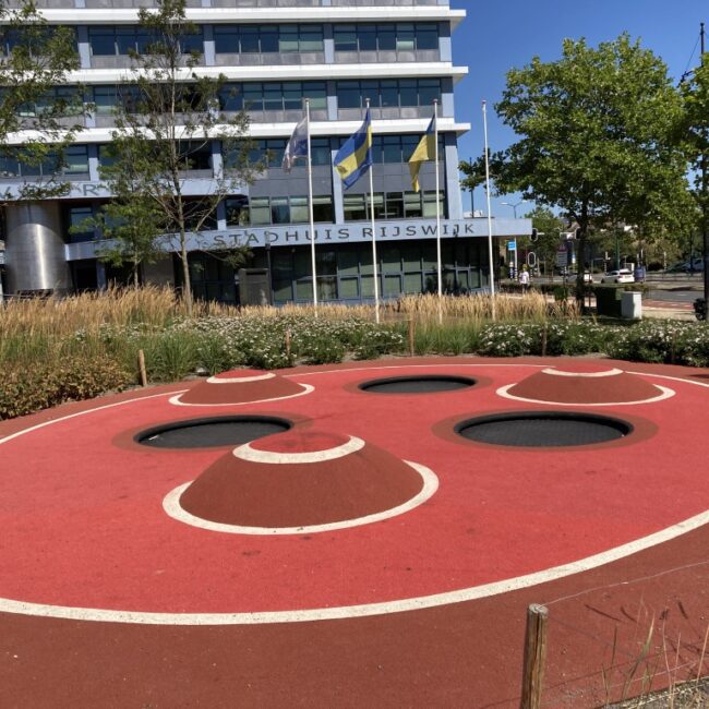 Bogaardplein Rijswijk, stadsplein, daktuin, rubberen vloeren, rubber paden, rubber sportveld, trampoline, renkuil, speelplek, Delva landscaping