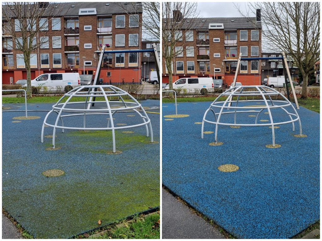 reinigen rubbervloeren, schoonmaken rubber ondergronden, rubbertegels speelplaats, onderhoud speeltuin