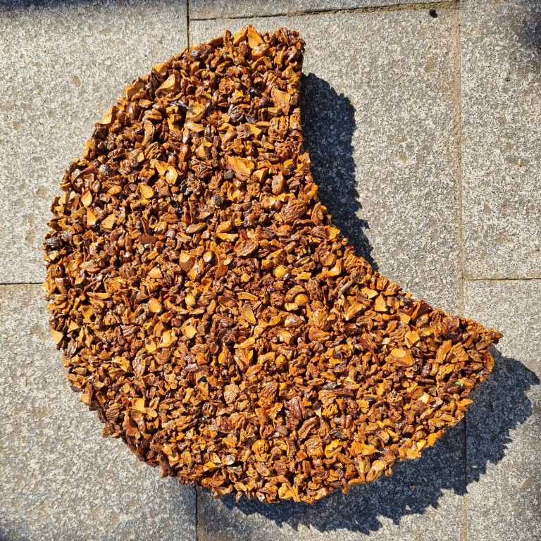 Natuurlijke stapstenen van perzikpit of kurk, natuurlijke materialen, biobased, recycling wijnkurk, waterdoorlatend, daktuin, buitenwerkplek, binnentuin, koel in de zomer