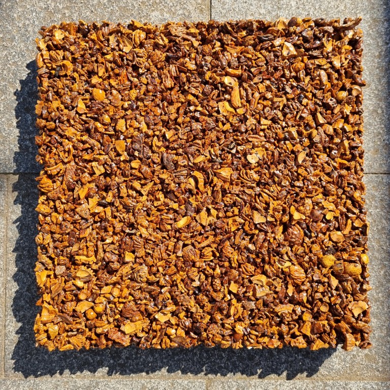 Natuurlijke stapstenen van perzikpit of kurk, natuurlijke materialen, biobased, recycling wijnkurk, waterdoorlatend, daktuin, buitenwerkplek, binnentuin, koel in de zomer