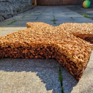 Natuurlijke stapstenen van perzikpit of kurk, natuurlijke materialen, biobased, recycling wijnkurk, waterdoorlatend, daktuin, buitenwerkplek, binnentuin, koel in de zomer