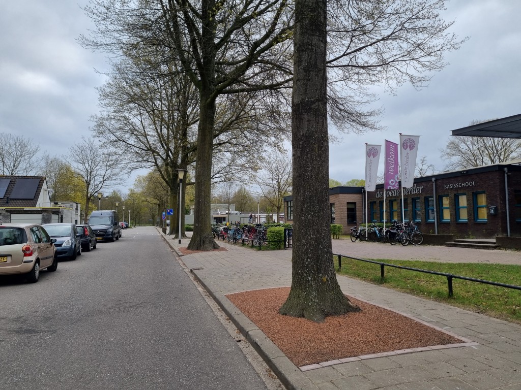 Boomspiegel gebonden verharding, perzikpit granulaat, perziksteen, waterdoorlatend, luchtdoorlatend, geen onkruid en zwerfafval, betere toegankelijkheid