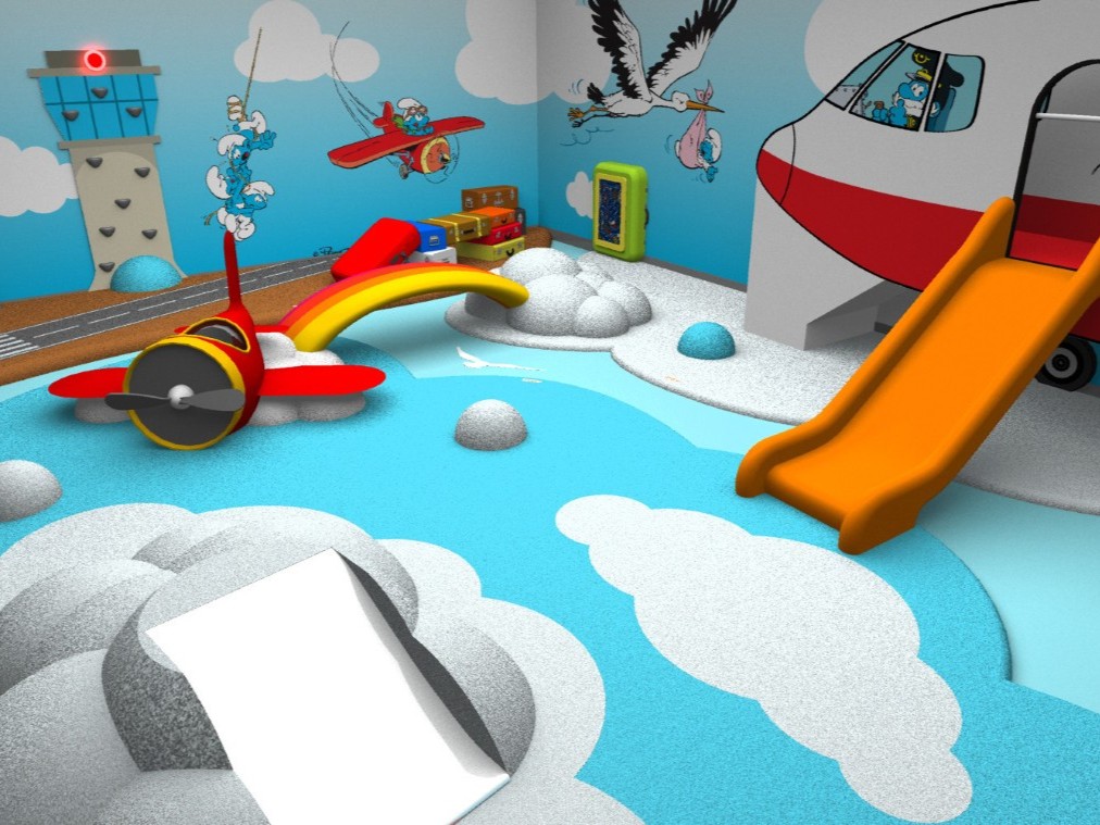 Indoor speeltuin, Brussels Airport, vliegveld, Rodeco, rubbervloer, Bfl-S1, binnenspeeltuin, smurfen