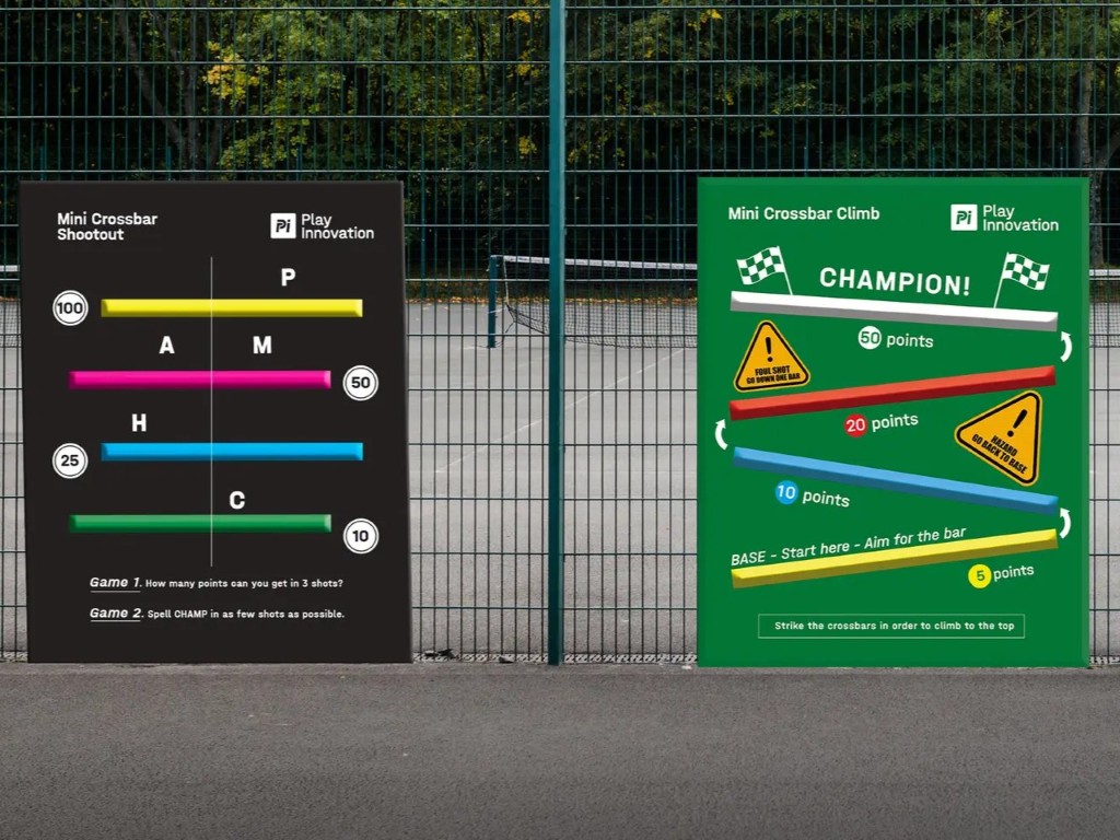Target Games, speelaanleiding voor schoolplein en sportveld. Latje Trappen, Voetballen, sportspellen, muurspellen.