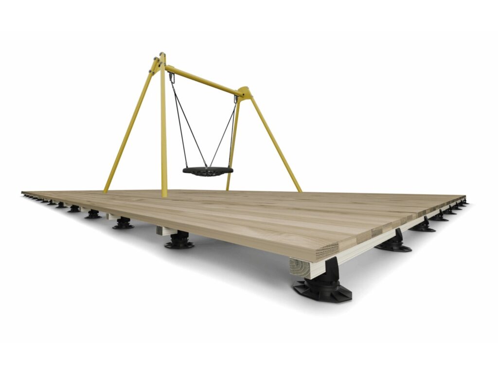 SW Shockdeck, een valdempende vlonder. Natuurlijke houten valdemping voor speeltuinen en daktuinen
